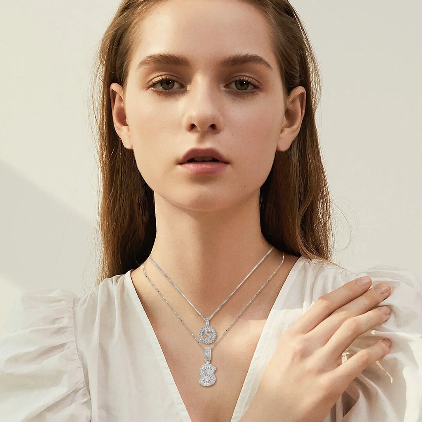 Pave letter initial necklace set | White Gold