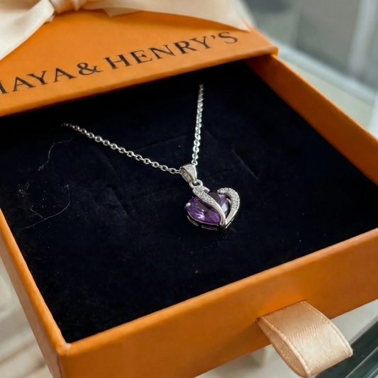 Amethyst Two Heart Necklace | White Gold