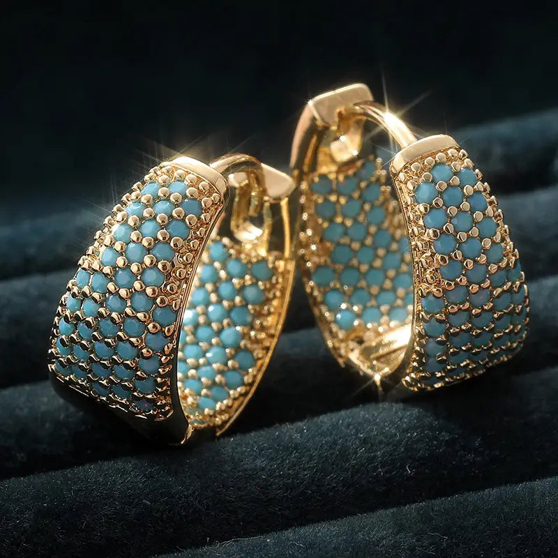 Golden-Tone Turquoise Beaded Hoop Earrings | Gold